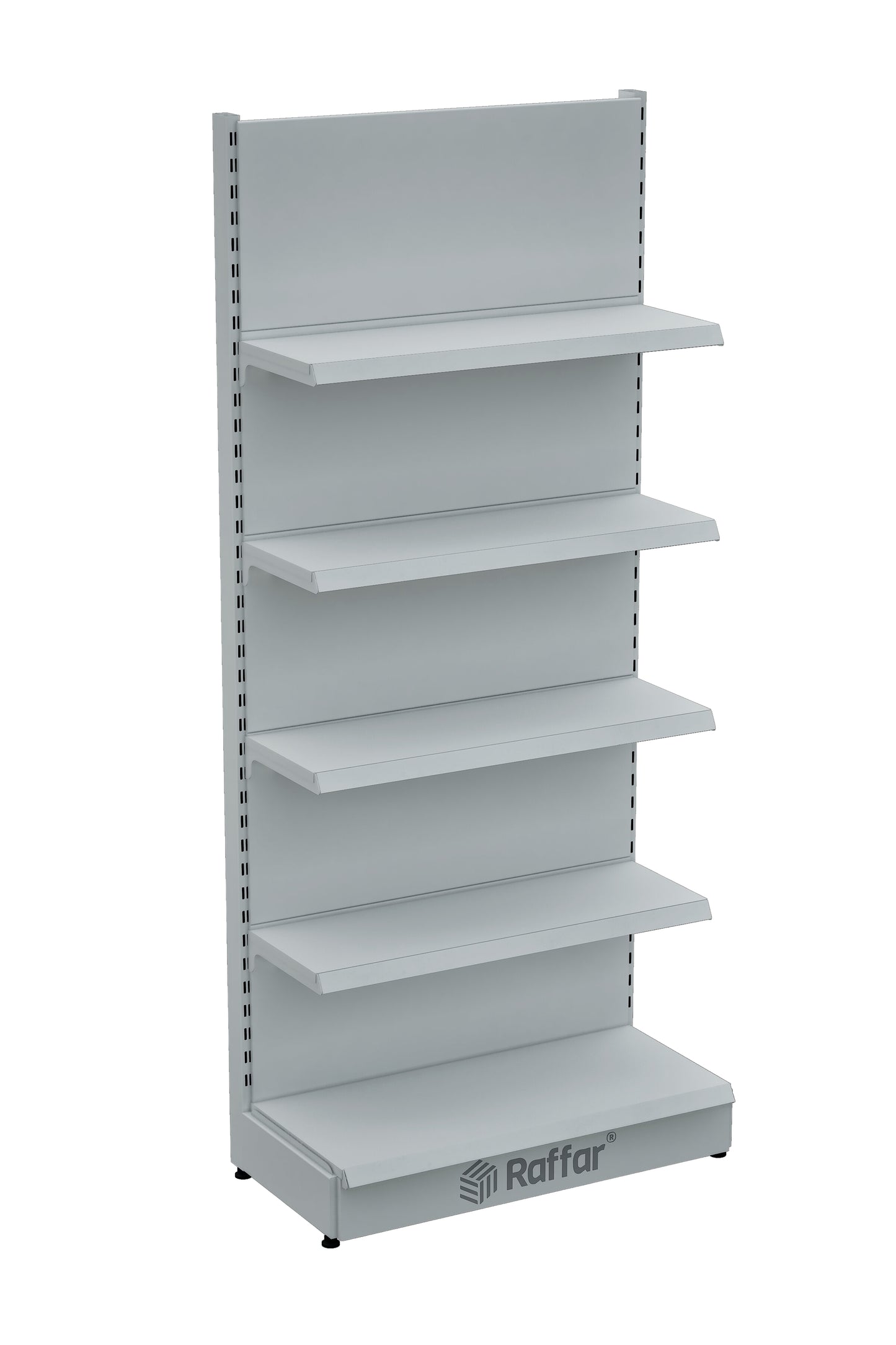 Raft de perete de supermarket cu bază – 5 niveluri alb, o unitate – L90 × Î220 × A30/40 cm
