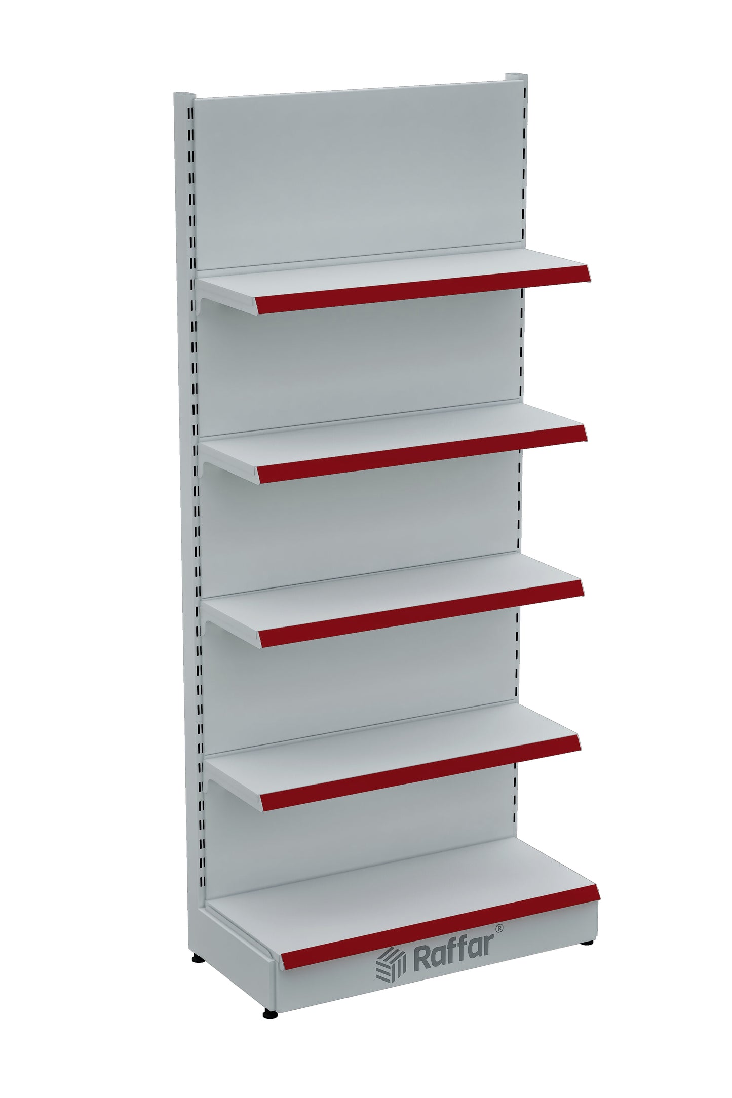 Raft de perete de supermarket cu bază – 5 niveluri alb, o unitate – L90 × Î220 × A30/40 cm