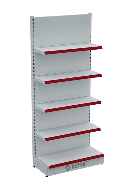 Raft de perete de supermarket cu bază – 5 niveluri alb, o unitate – L90 × Î220 × A30/40 cm