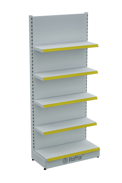 Raft de perete de supermarket cu bază – 5 niveluri alb, o unitate – L90 × Î220 × A30/40 cm