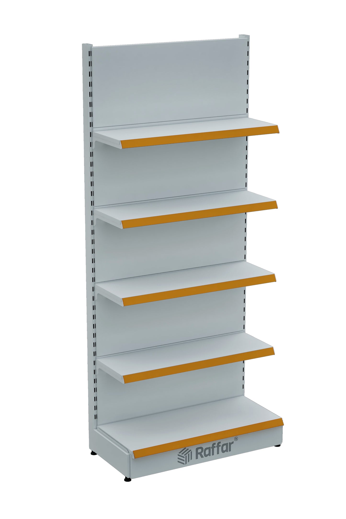 Raft de perete de supermarket cu bază – 5 niveluri alb, o unitate – L90 × Î220 × A30/40 cm